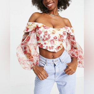 ASOS DESIGN Fallen Shoulder Top w/ Organza Sleeve in Pink Floral Print SZ 14 NWT